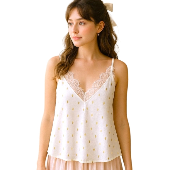 Wmns Ivory & Gold Lace Trim Crinkle Gauze Cami Sz M Romantic Coquette Scalloped - Picture 1 of 10